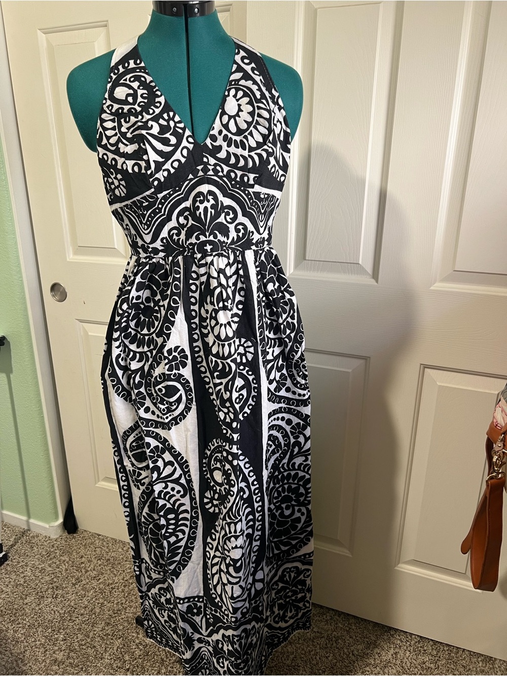 Vintage 1970's Cole of California halter dress in black and white paisley Small
